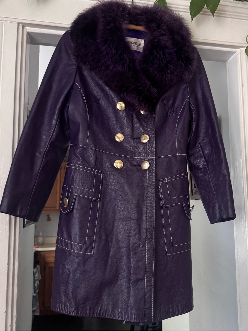 Vintage Irving Posluns purple leather fur collar button long Penny Lane Coat S/M